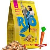 Пълноцена храна за периода на линеене RIO Feed for parakeets Moulting period feed подходяща за средни папагали с шафраново семе, морков и нигерово семе; 1кг + ПОДАРЪК щипка с формата на морков